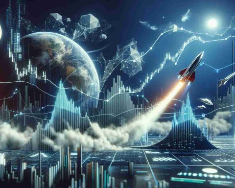 Create a scene that visually represents a dramatic surge in stock value, specifically focusing on a fictitious tech company. The image should depict a graph with upward trending lines, symbolizing the surge, along with some futuristic technological elements to represent the tech company. Possibly include metaphoric elements such as a rocket taking off to symbolize the growth. The environment should be dynamic and energized, capturing the feel of constant change and movement in the stock market. In the future area of the graph, introduce uncertainty with fog or clouds to symbolize the unknown future.