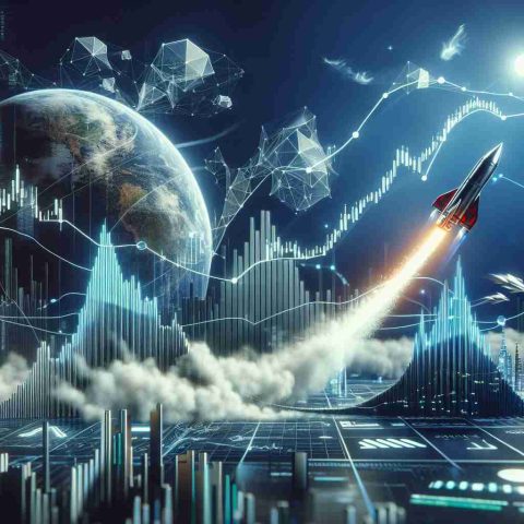 Create a scene that visually represents a dramatic surge in stock value, specifically focusing on a fictitious tech company. The image should depict a graph with upward trending lines, symbolizing the surge, along with some futuristic technological elements to represent the tech company. Possibly include metaphoric elements such as a rocket taking off to symbolize the growth. The environment should be dynamic and energized, capturing the feel of constant change and movement in the stock market. In the future area of the graph, introduce uncertainty with fog or clouds to symbolize the unknown future.