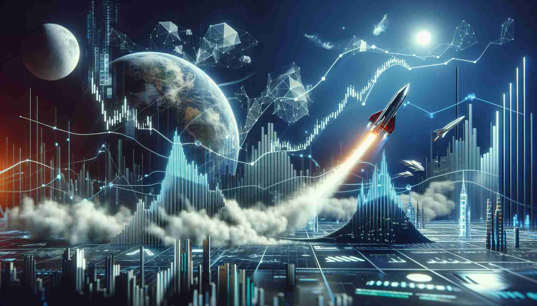 Create a scene that visually represents a dramatic surge in stock value, specifically focusing on a fictitious tech company. The image should depict a graph with upward trending lines, symbolizing the surge, along with some futuristic technological elements to represent the tech company. Possibly include metaphoric elements such as a rocket taking off to symbolize the growth. The environment should be dynamic and energized, capturing the feel of constant change and movement in the stock market. In the future area of the graph, introduce uncertainty with fog or clouds to symbolize the unknown future.