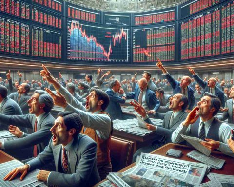 An ultra high definition, realistic image capturing the chaotic hustle and bustle of the European stock market. Traders, varying in descent and gender, are visibly excited, pointing at the rising graphs on large electronic boards. However, there's an undercurrent of tension hinted at by furrowed brows and hushed urgent conversations. Newpapers scattered around reveal headlines alluding to impending drama this week.