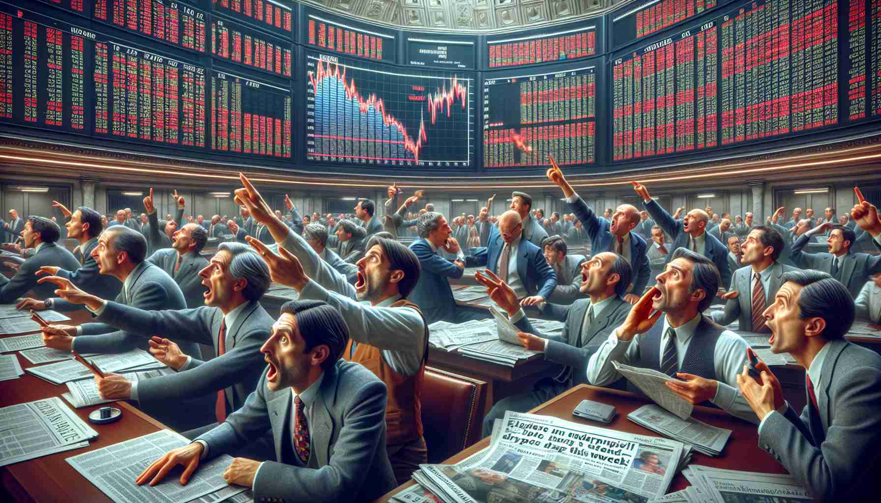 An ultra high definition, realistic image capturing the chaotic hustle and bustle of the European stock market. Traders, varying in descent and gender, are visibly excited, pointing at the rising graphs on large electronic boards. However, there's an undercurrent of tension hinted at by furrowed brows and hushed urgent conversations. Newpapers scattered around reveal headlines alluding to impending drama this week.