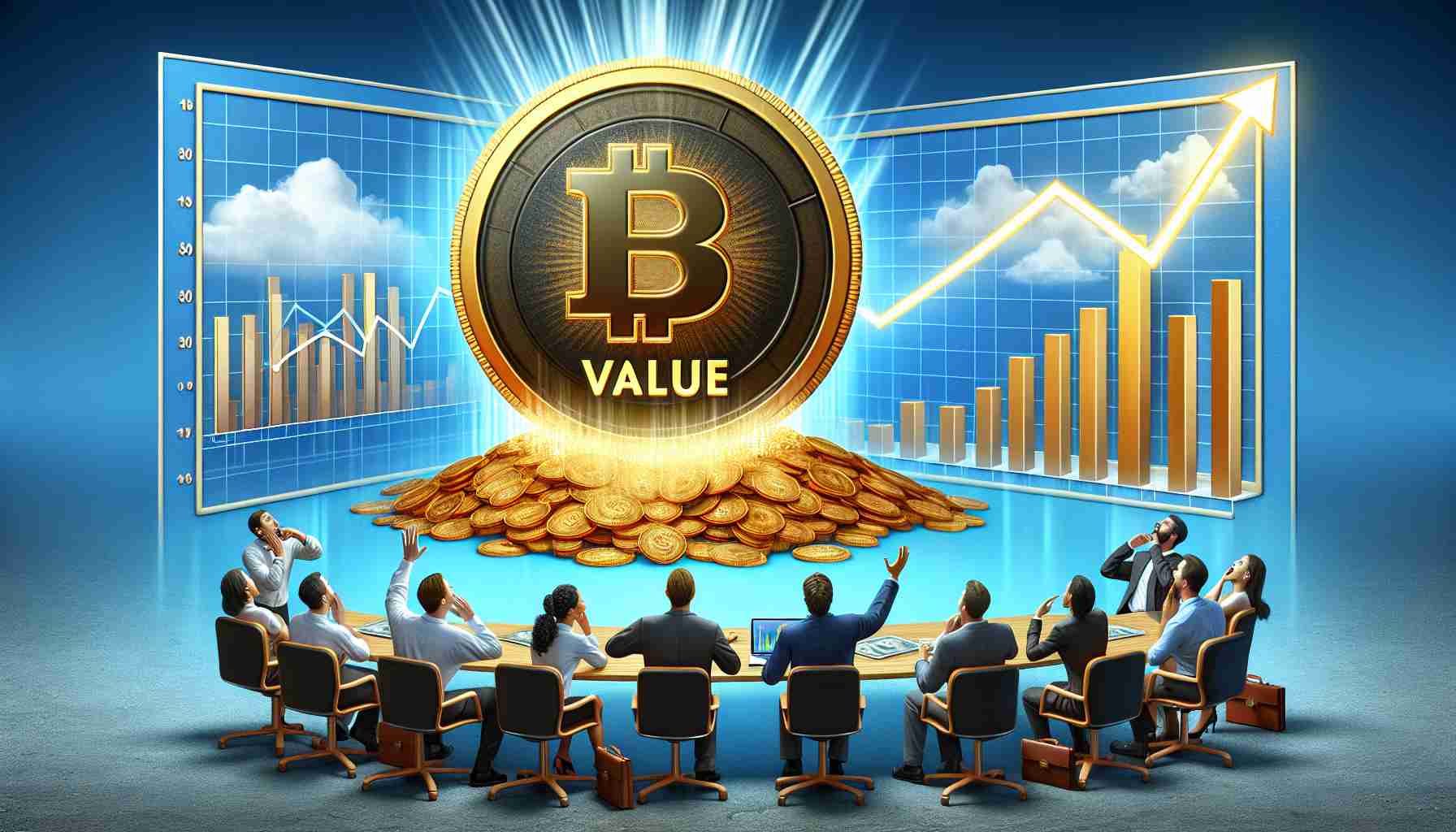 Realistic HD image depicting the metaphorical concept of a digital platform's strategy shocking investors and significantly increasing its value. Scene to include an oversized coin labeled 'Value' soaring upwards, a bar graph with a skyrocketing line chart next to it, and a group of astonished individuals with diverse appearances, like Caucasian, Hispanic, Black, and Asian, portraying investors examining the data and situation.