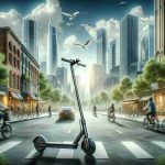 Create a high-definition realistic image of a scene depicting urban mobility revolution. The focal point should be a state-of-the-art electric scooter with the hypothetical model name 'X2000'. The scooter should be sleek and modern, made with cutting-edge technology and polished materials. The surroundings should illustrate an urban landscape with skyscrapers serving as the backdrop. The busy streets and cycle lanes of the city should hint at the urban mobility revolution in progress - perhaps showing other electric scooters, bicycles, and pedestrians moving in the background.