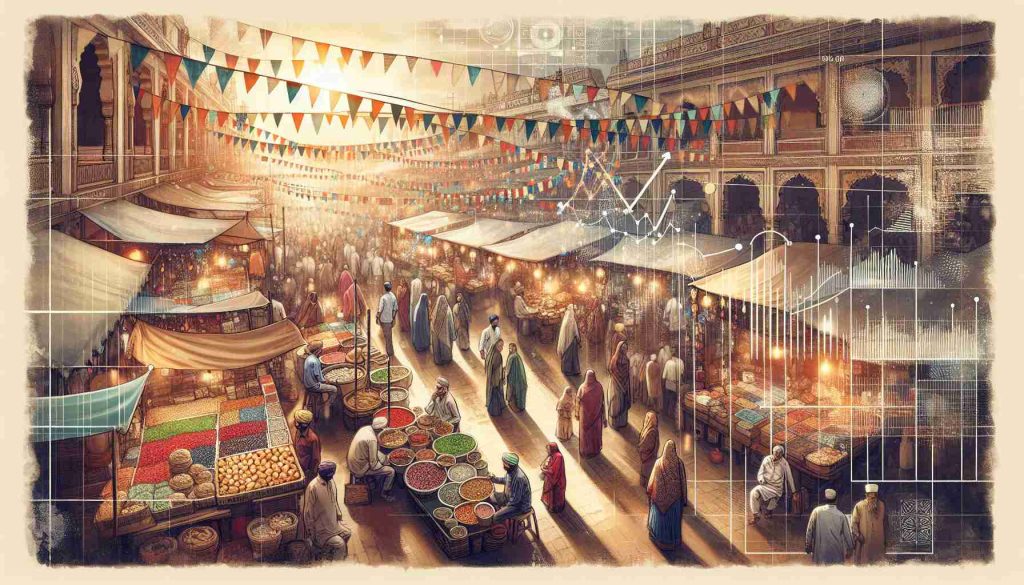 An exquisite High Definition image representing a bustling market scene in India during a celebration. Show various stalls clustered with an array of colorful goods and food items. Individuals from spectrum of demographics should be there, South Asian men and women of various ages, busily shopping, bargaining, and interacting. Also depict flags and decorations hanging, with reflections of light making the scene come alive. Along the edges, incorporate infographic-style elements, like graphs and charts, indicating a positive growth trend for the future. Emphasize earthy tones to imbue the image with an authentic feel.