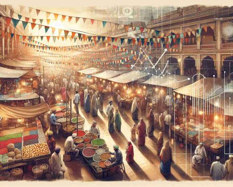 An exquisite High Definition image representing a bustling market scene in India during a celebration. Show various stalls clustered with an array of colorful goods and food items. Individuals from spectrum of demographics should be there, South Asian men and women of various ages, busily shopping, bargaining, and interacting. Also depict flags and decorations hanging, with reflections of light making the scene come alive. Along the edges, incorporate infographic-style elements, like graphs and charts, indicating a positive growth trend for the future. Emphasize earthy tones to imbue the image with an authentic feel.