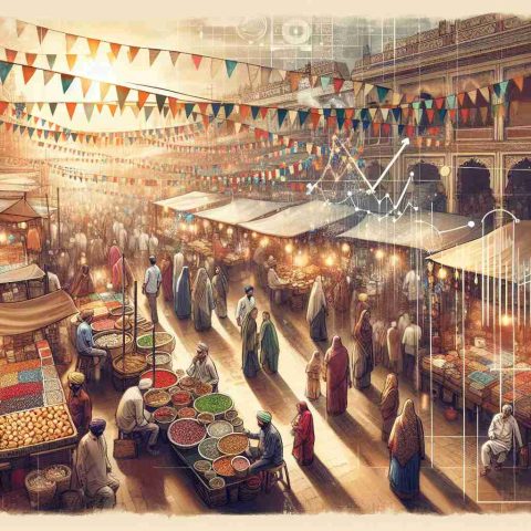 An exquisite High Definition image representing a bustling market scene in India during a celebration. Show various stalls clustered with an array of colorful goods and food items. Individuals from spectrum of demographics should be there, South Asian men and women of various ages, busily shopping, bargaining, and interacting. Also depict flags and decorations hanging, with reflections of light making the scene come alive. Along the edges, incorporate infographic-style elements, like graphs and charts, indicating a positive growth trend for the future. Emphasize earthy tones to imbue the image with an authentic feel.