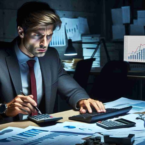 Generate a high-definition, realistic image that portrays a number cruncher, a term often used for accountants or statisticians, engrossed in their work. The image should show the unexpected intensity and dedication in their face and body language, surrounded by tools of their trade such as calculators, spreadsheets, charts, and reports. This Caucasian male professional should be at his desk, under a dimmed light, with his entire focus on the screen which showcases different graphs and computations.