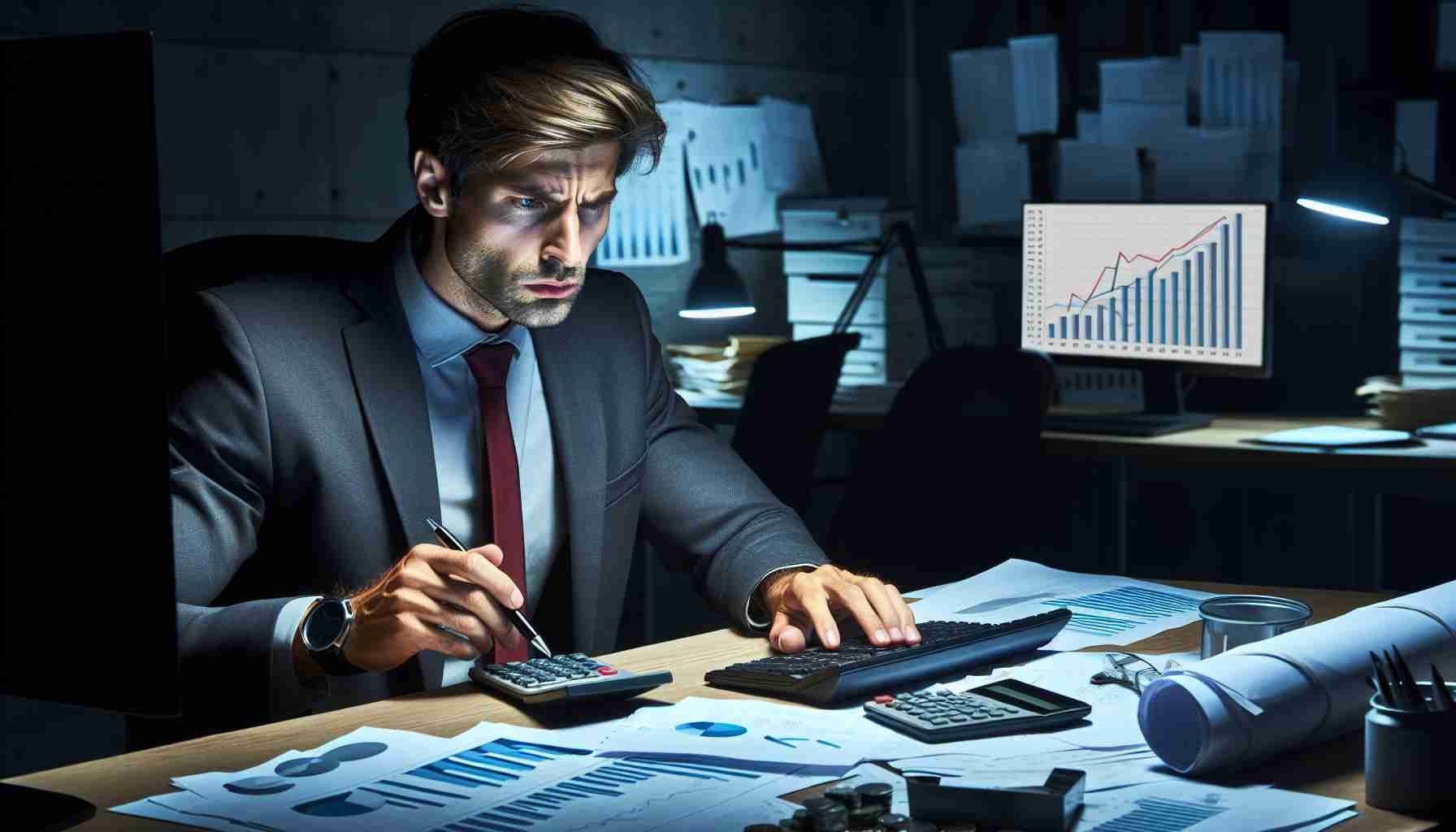 Generate a high-definition, realistic image that portrays a number cruncher, a term often used for accountants or statisticians, engrossed in their work. The image should show the unexpected intensity and dedication in their face and body language, surrounded by tools of their trade such as calculators, spreadsheets, charts, and reports. This Caucasian male professional should be at his desk, under a dimmed light, with his entire focus on the screen which showcases different graphs and computations.