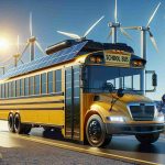 High-definition, realistic rendering of a new age in transportation, focusing on environmentally-friendly school buses. The image should depict a large, advanced bus, possibly powered by renewable energy, such as solar or wind. Please include solar panels or wind turbines in the background to emphasize the eco-friendly concept. The bus should have a modern, sleek design, indicating a significant upgrade from traditional school buses, with vibrant yellow color to preserve the timeless school bus imagery.