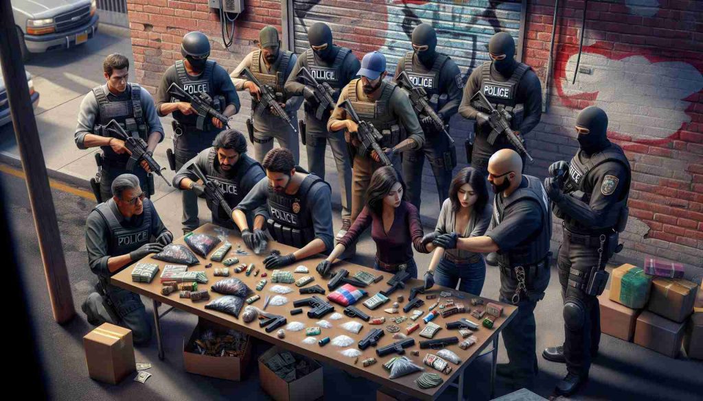 Detailed and realistic HD image of a diverse law enforcement team in action, capturing a male Caucasian suspect, a female Hispanic suspect, and a Middle-Eastern male suspect who were involved in illegal activities. The officers, comprising of both men and women from different descents including Black, South Asian, and White, are seen seizing varieties of contraband laid out on a table. The scene illustrates tension, urgency, and focus. The background showcases a typical urban setting with brick walls and alleyway