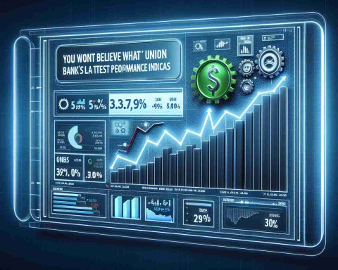 Generate a realistic, high-definition image illustrating a financial performance chart or graph with the title 'You Won't Believe What Union Bank's Latest Performance Indicates'. The graphics should reflect startling or unexpected positive development.