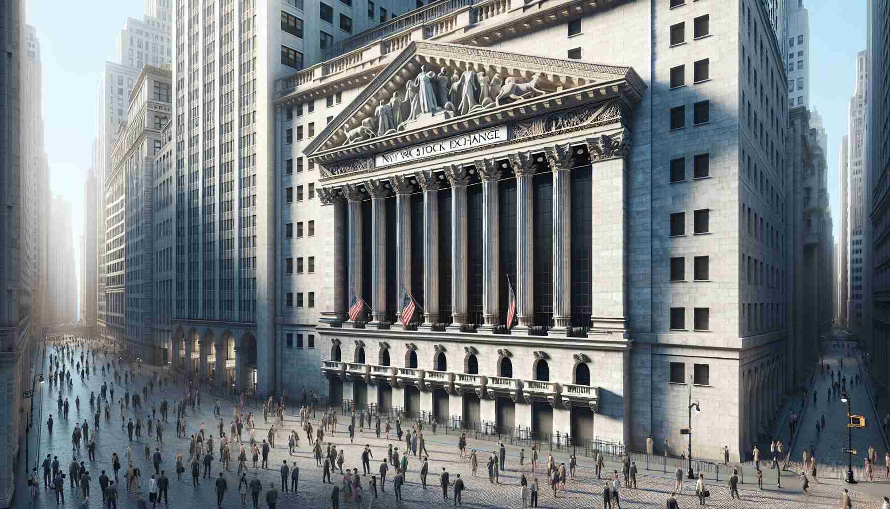 Realistic, high-definition image of the New York Stock Exchange building located at Wall Street, reflecting its significance as a potent symbol of global finance. The towering structure depicts Greek Revival architecture with a massive colonnade of Corinthian columns. People from varied descents and genders are seen entering and leaving the building.