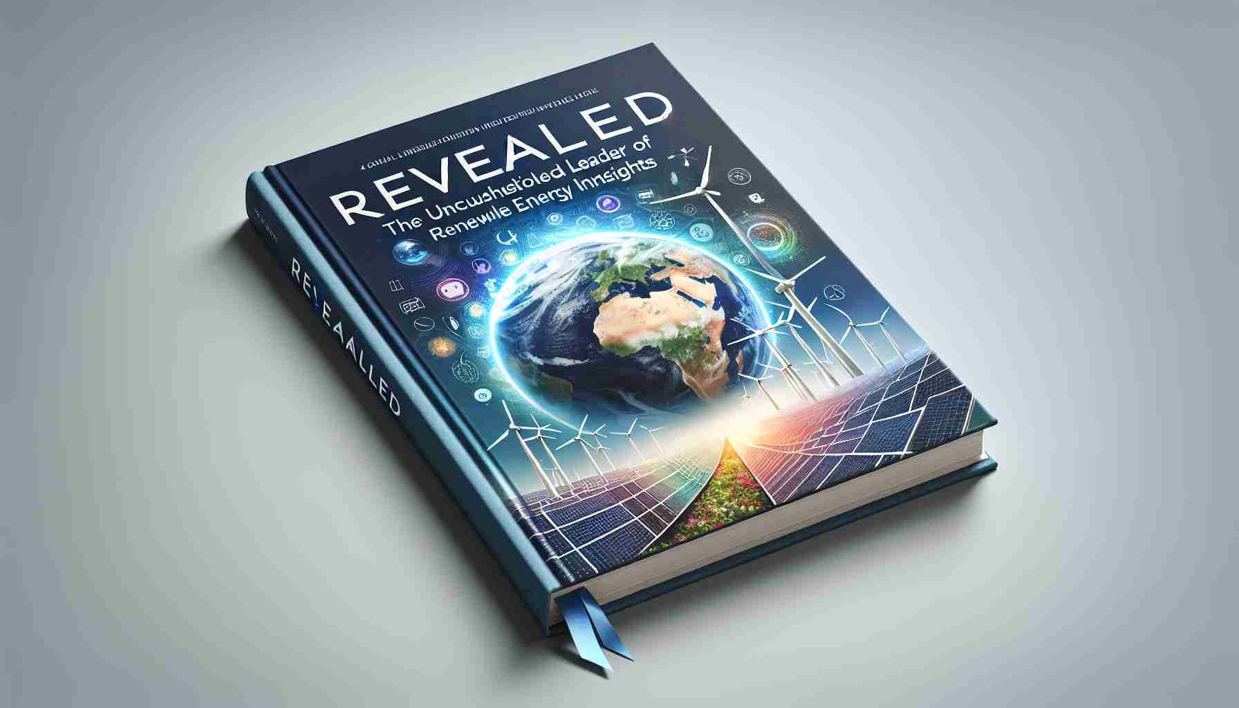 Create a hyper-realistic, high-definition image featuring a book. The book should be titled 'Revealed: The Unquestioned Leader in Renewable Energy Insights'. It should have an engaging cover, perhaps with graphics related to renewable energy such as solar panels, wind turbines, or an earth with a protective shield. The background should be subtle to let the book cover shine.