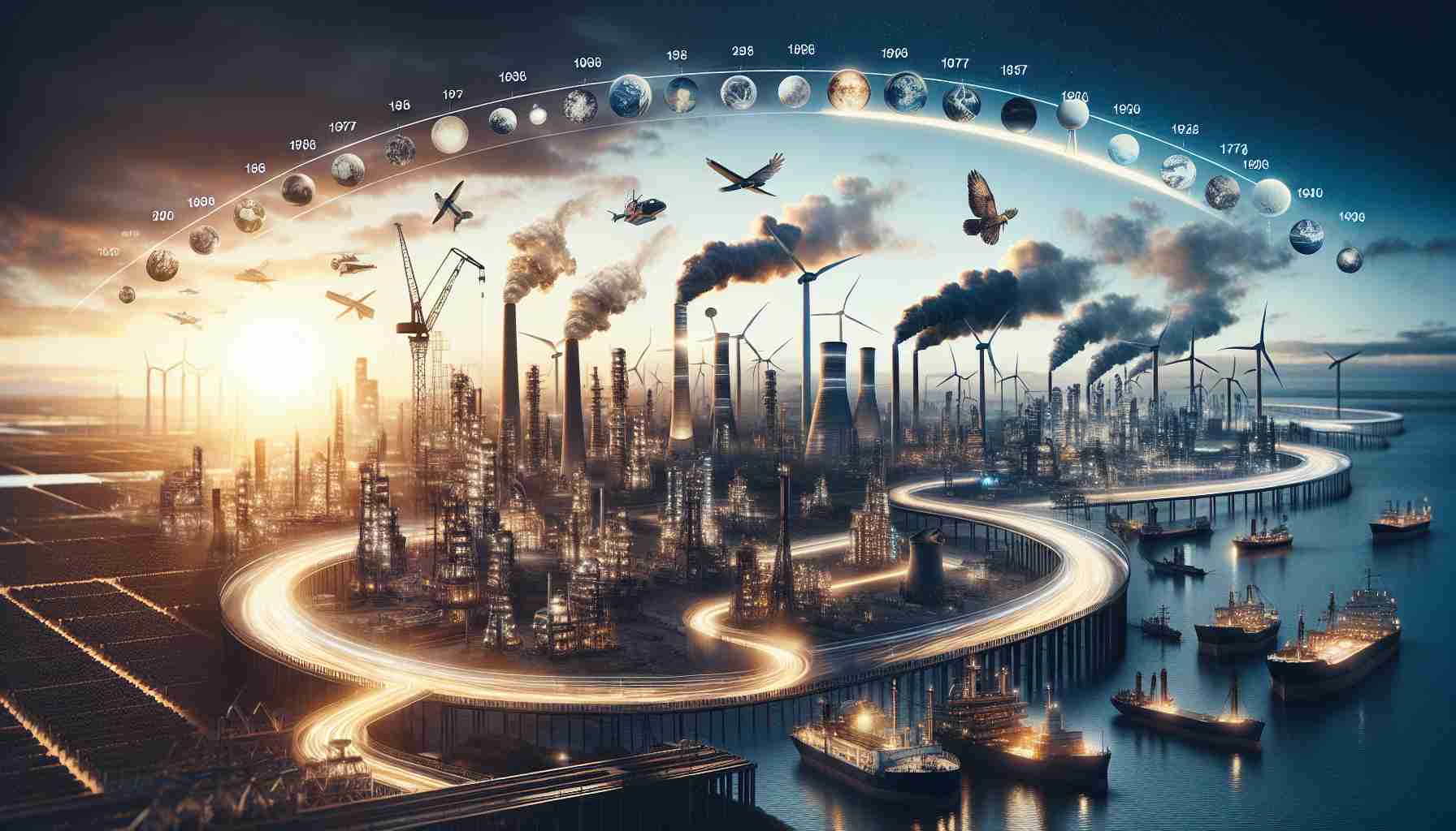 A high-definition, realistic image that showcases the 136-year history of innovations and advancements in global energy. It should be a photo-like collage or timeline, including various stages of energy development - from past fuel sources such as coal and oil, transitioning to renewable sources such as solar, wind, and hydro. Through visual depiction, demonstrate the progress the world has made in energy production and consumption over the past century and a half.