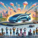 Create an image that portrays the surprising future of electric vehicles. This could include innovative designs and novel technologies not yet seen. Show that this revelation is unexpected, perhaps by illustrating people's amazed reactions or an electric car dramatically outperforming a traditional gasoline car. Please focus on creating a realistic, high-definition depiction.