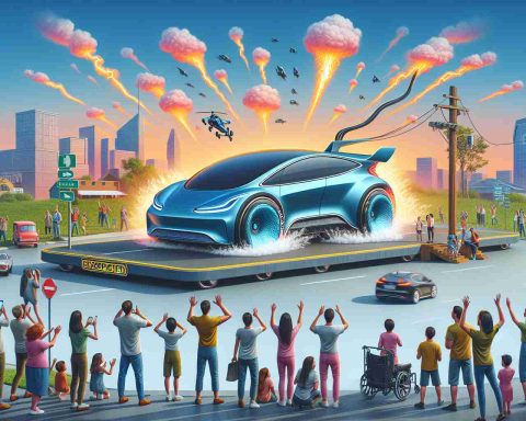 Create an image that portrays the surprising future of electric vehicles. This could include innovative designs and novel technologies not yet seen. Show that this revelation is unexpected, perhaps by illustrating people's amazed reactions or an electric car dramatically outperforming a traditional gasoline car. Please focus on creating a realistic, high-definition depiction.