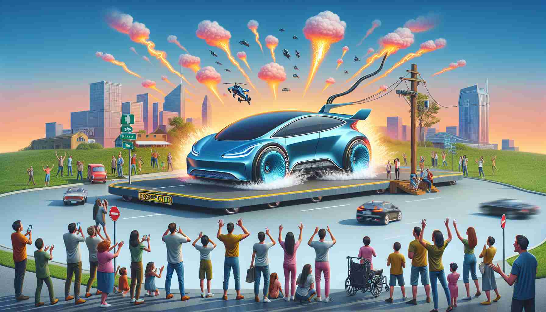 Create an image that portrays the surprising future of electric vehicles. This could include innovative designs and novel technologies not yet seen. Show that this revelation is unexpected, perhaps by illustrating people's amazed reactions or an electric car dramatically outperforming a traditional gasoline car. Please focus on creating a realistic, high-definition depiction.