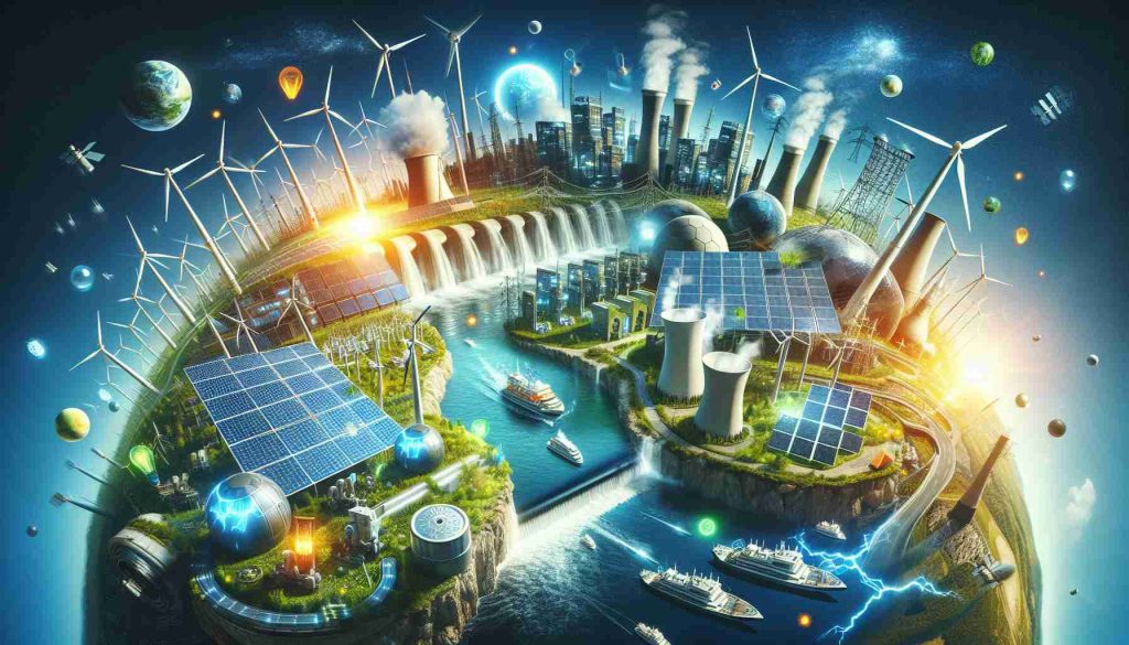 A high-definition representation showcasing the advancements in the world energy sector. This image should depict multiple sources of clean energy such as wind turbines, solar panels, and hydroelectric dams. Also include some futuristic concepts such as fusion reactors and giant batteries. Make the overall atmosphere filled with optimism, symbolizing a bright, green future powered by sustainable, renewable energy sources.