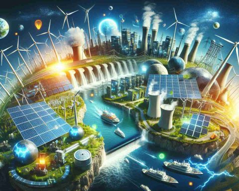 A high-definition representation showcasing the advancements in the world energy sector. This image should depict multiple sources of clean energy such as wind turbines, solar panels, and hydroelectric dams. Also include some futuristic concepts such as fusion reactors and giant batteries. Make the overall atmosphere filled with optimism, symbolizing a bright, green future powered by sustainable, renewable energy sources.