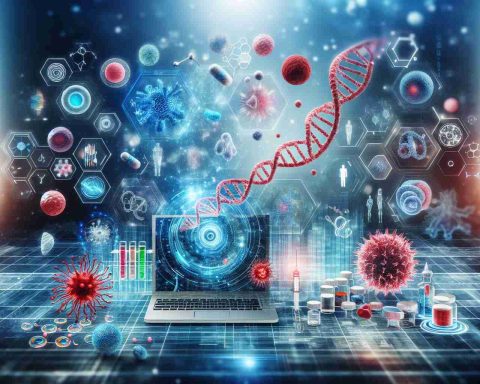 Realistic high definition image of a groundbreaking innovation in the field of immunology, depicted as an abstract concept. The scene could include symbolic iconography like DNA strands, antibodies, human cells, and futuristic technology imagery such as holograms or virtual reality interfaces.