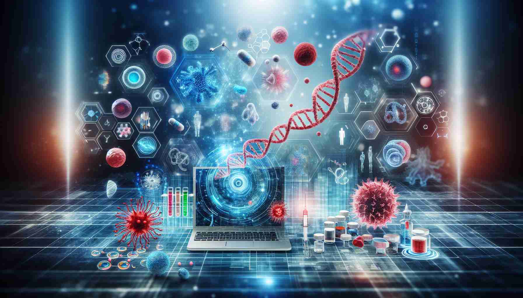 Realistic high definition image of a groundbreaking innovation in the field of immunology, depicted as an abstract concept. The scene could include symbolic iconography like DNA strands, antibodies, human cells, and futuristic technology imagery such as holograms or virtual reality interfaces.