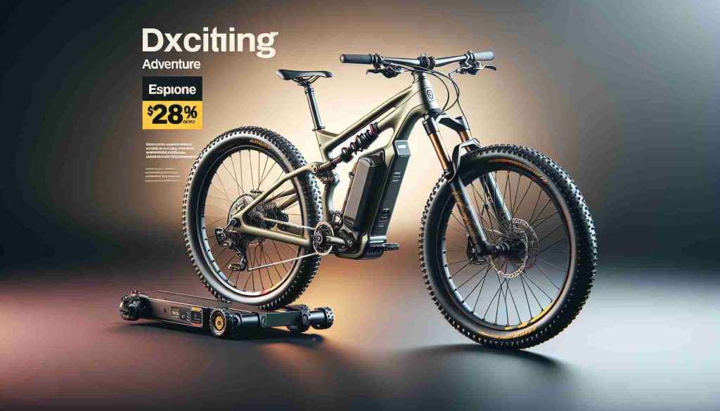 A high-definition and realistic image showcasing an All-Terrain Adventure Companion electric mountain bike. The bike is positioned in a way that highlights its robust construction intended for off-the-road journeys. Additionally, the image features promotional elements suggesting exciting discount deals on this type of electric mountain bikes.