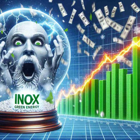 Generate a realistic, high-definition image of an unexpected surge in a green energy company named Inox Green Energy. The image should convey a sense of surprise among investors. Perhaps it can depict glaring stock market graphs and charts illustrating an unexpected rise, alongside symbolic elements such as a shaken up snow globe or lightning bolt.