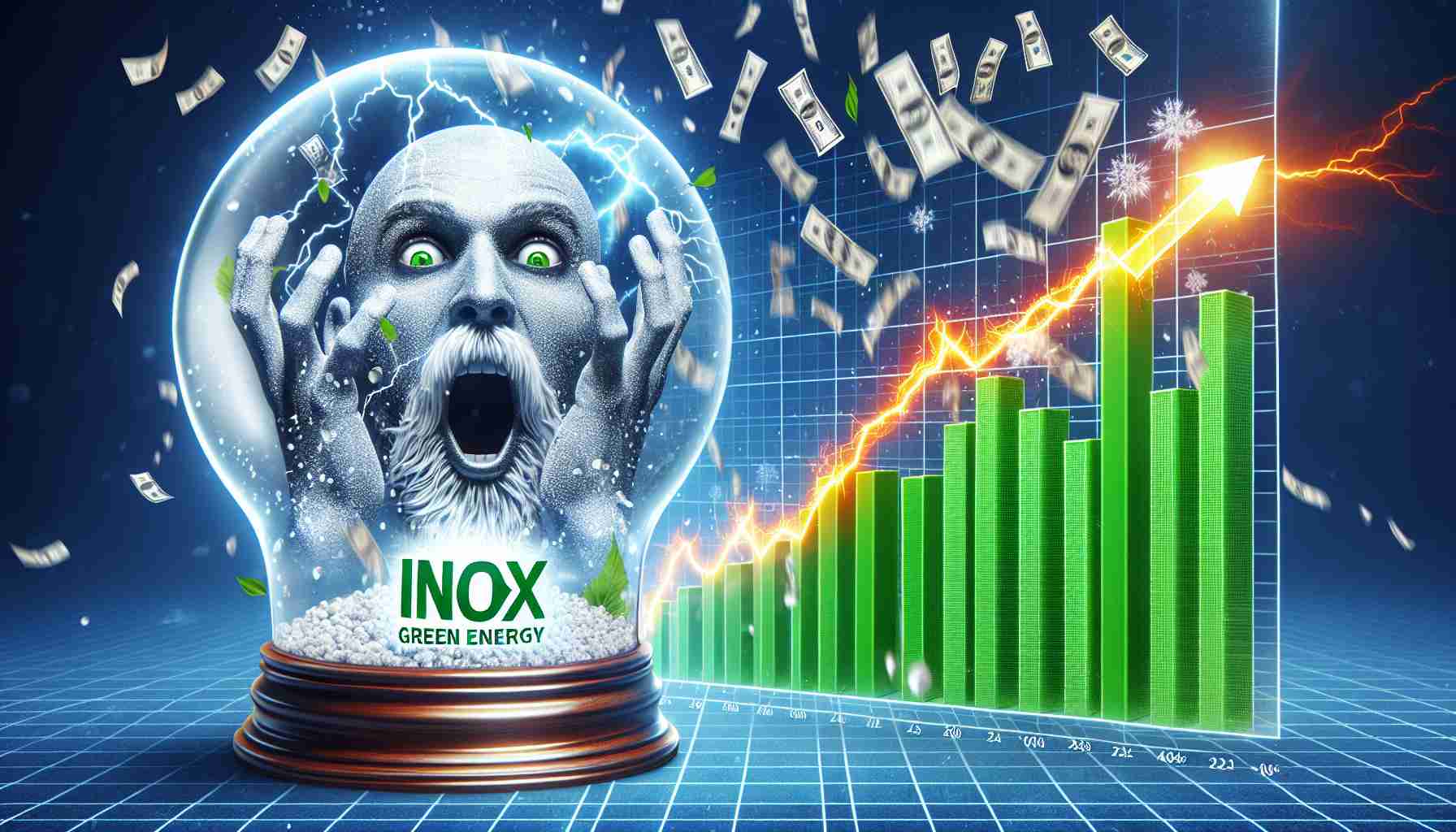 Generate a realistic, high-definition image of an unexpected surge in a green energy company named Inox Green Energy. The image should convey a sense of surprise among investors. Perhaps it can depict glaring stock market graphs and charts illustrating an unexpected rise, alongside symbolic elements such as a shaken up snow globe or lightning bolt.