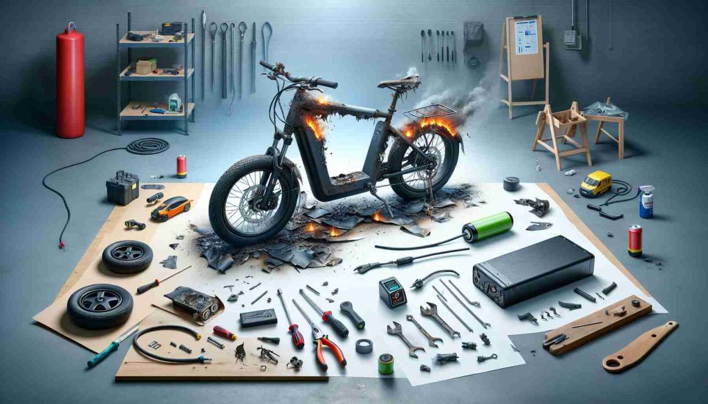 Create a realistic high-definition depiction of the aftermath of an electric bike battery explosion as a recovery journey. Display the electric bike in a garage, showing signs of the explosion with burn marks, melted plastic parts, and scattered debris. Also show various stages of repair work. On one side, illustrate used tools, a new battery and parts bought to replace the damaged ones. On the other side, depict a completed, newly repaired electric bike signifying the end of the recovery journey.