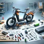 Create a realistic high-definition depiction of the aftermath of an electric bike battery explosion as a recovery journey. Display the electric bike in a garage, showing signs of the explosion with burn marks, melted plastic parts, and scattered debris. Also show various stages of repair work. On one side, illustrate used tools, a new battery and parts bought to replace the damaged ones. On the other side, depict a completed, newly repaired electric bike signifying the end of the recovery journey.