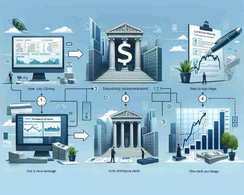 Create a realistic, high-definition image depicting the process of listing a company on the stock exchange. This should be visually represented as a step-by-step guide, with clearly legible and informative text accompanying each stage.