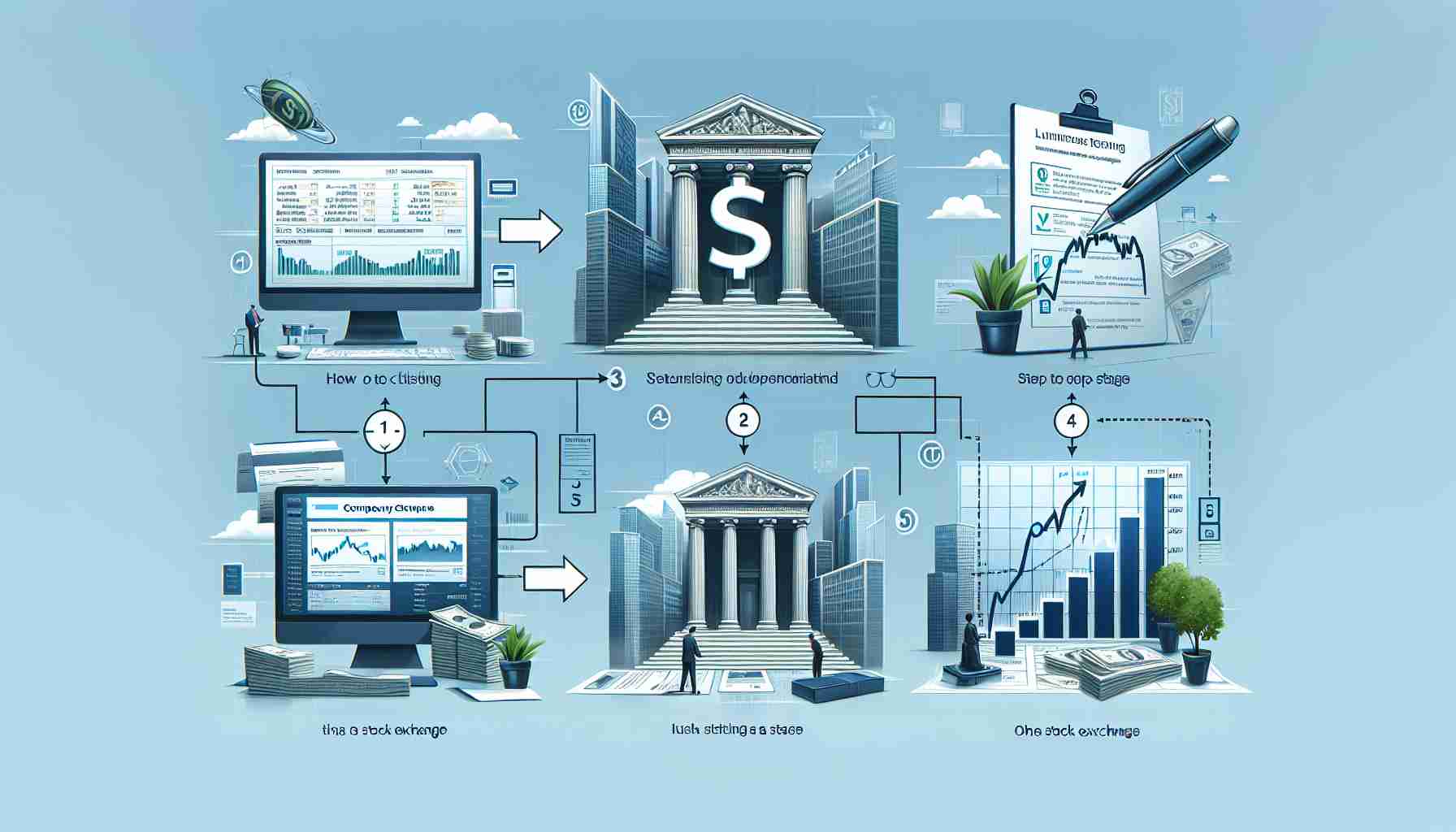 Create a realistic, high-definition image depicting the process of listing a company on the stock exchange. This should be visually represented as a step-by-step guide, with clearly legible and informative text accompanying each stage.