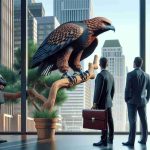 A realistic high-definition image of a metaphorical scene depicting Wall Street's keen interest in a tech giant's new Chief Financial Officer (CFO). The scene might involve representatives of Wall Street, perhaps dressed in business suits, observing a large symbolic hawk with intense focus. The hawk is perched on a branch, carrying a briefcase or a ledger, symbolizing the new CFO. The setting is the contemporary financial district with high-rise buildings in the background.