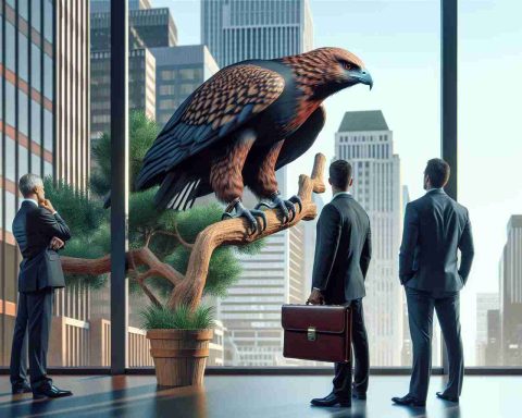 A realistic high-definition image of a metaphorical scene depicting Wall Street's keen interest in a tech giant's new Chief Financial Officer (CFO). The scene might involve representatives of Wall Street, perhaps dressed in business suits, observing a large symbolic hawk with intense focus. The hawk is perched on a branch, carrying a briefcase or a ledger, symbolizing the new CFO. The setting is the contemporary financial district with high-rise buildings in the background.