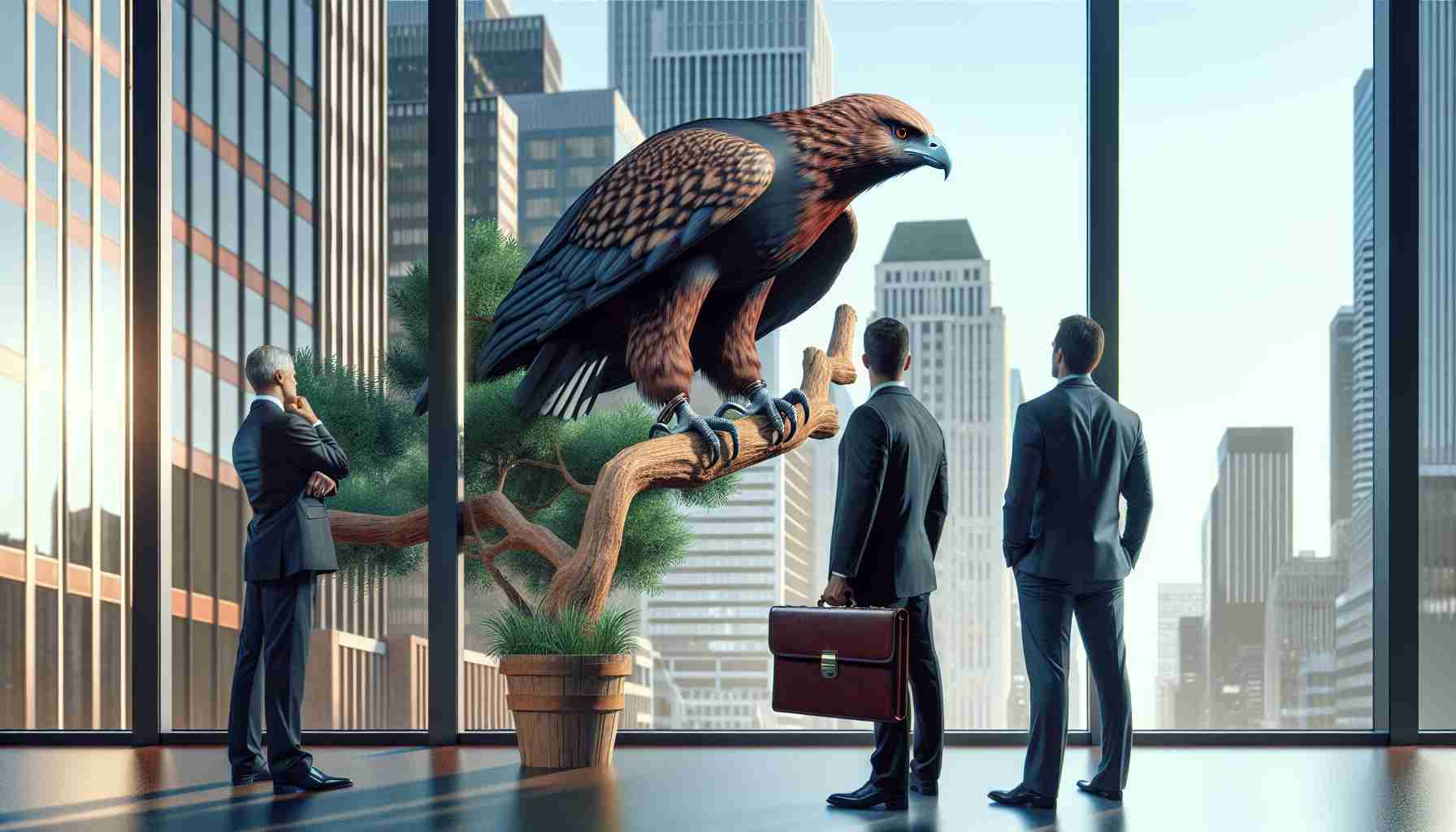 A realistic high-definition image of a metaphorical scene depicting Wall Street's keen interest in a tech giant's new Chief Financial Officer (CFO). The scene might involve representatives of Wall Street, perhaps dressed in business suits, observing a large symbolic hawk with intense focus. The hawk is perched on a branch, carrying a briefcase or a ledger, symbolizing the new CFO. The setting is the contemporary financial district with high-rise buildings in the background.