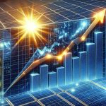 Realistic high-definition illustration of the concept - a solar company experiencing a booming stock market. Visualize this as a graph with an arrow pointing upwards to signify growth, with the background featuring solar panels reflecting the glow of the sun.