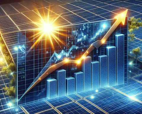 Realistic high-definition illustration of the concept - a solar company experiencing a booming stock market. Visualize this as a graph with an arrow pointing upwards to signify growth, with the background featuring solar panels reflecting the glow of the sun.