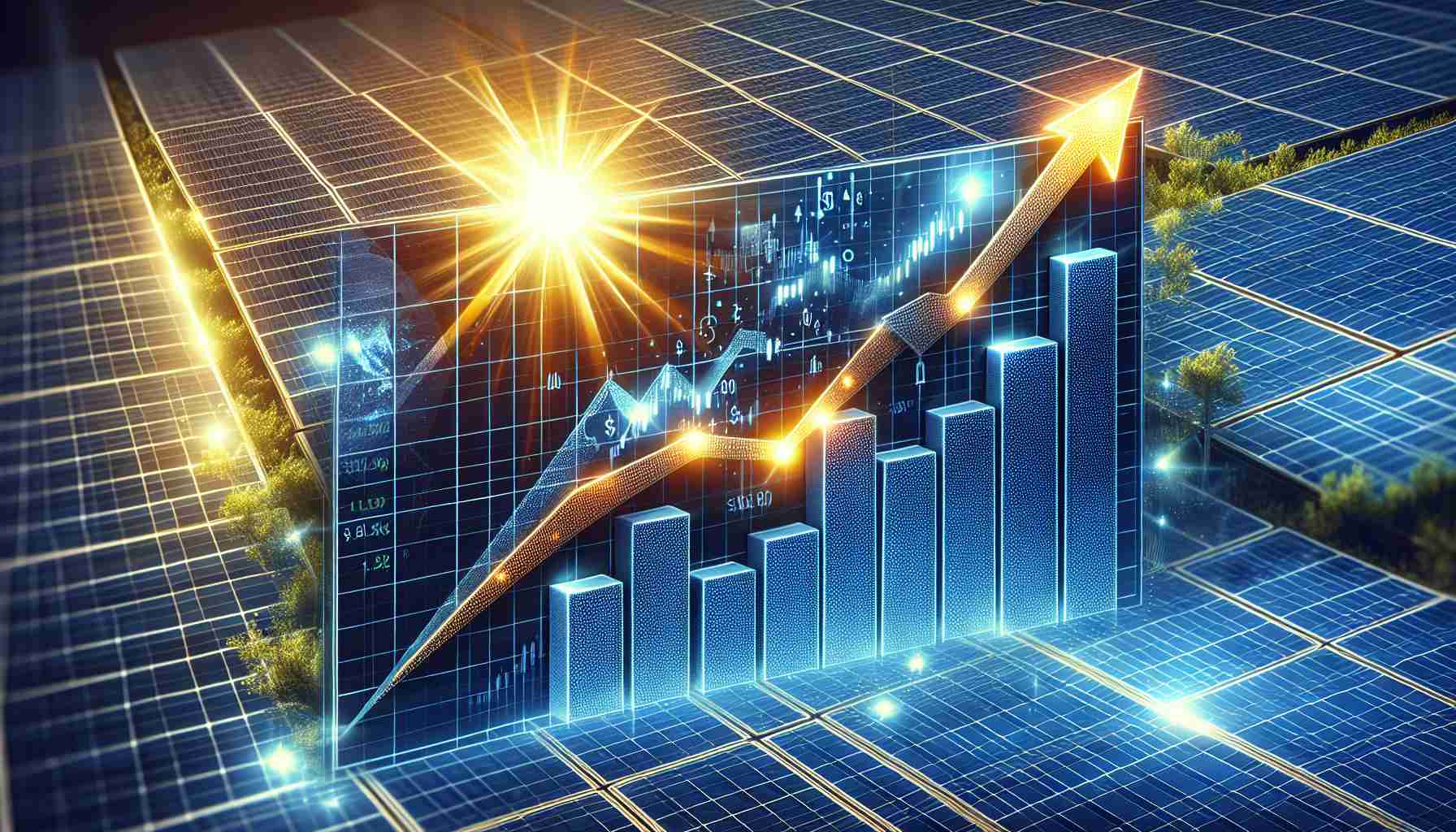 Realistic high-definition illustration of the concept - a solar company experiencing a booming stock market. Visualize this as a graph with an arrow pointing upwards to signify growth, with the background featuring solar panels reflecting the glow of the sun.