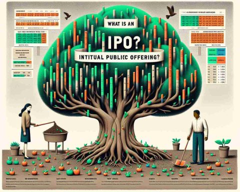 An exploratory image depicting the concept of Initial Public Offering (IPO). The centerpiece is a voluminous tree, its branches laden with variously colored stocks. An anthropomorphic figure, a female entrepreneur of Hispanic descent, stands beside the tree, sowing seeds representing new businesses into fertile ground. Included are two banners atop and bottom, containing the text 'What is an IPO?' and 'Why Should You Care?' respectively, using a clear and legible typeface. The palette used is a balance of fresh greens and earthy browns, signalling growth and the financial world.