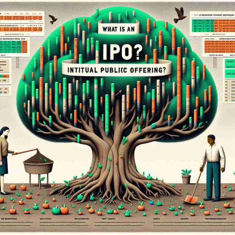 An exploratory image depicting the concept of Initial Public Offering (IPO). The centerpiece is a voluminous tree, its branches laden with variously colored stocks. An anthropomorphic figure, a female entrepreneur of Hispanic descent, stands beside the tree, sowing seeds representing new businesses into fertile ground. Included are two banners atop and bottom, containing the text 'What is an IPO?' and 'Why Should You Care?' respectively, using a clear and legible typeface. The palette used is a balance of fresh greens and earthy browns, signalling growth and the financial world.