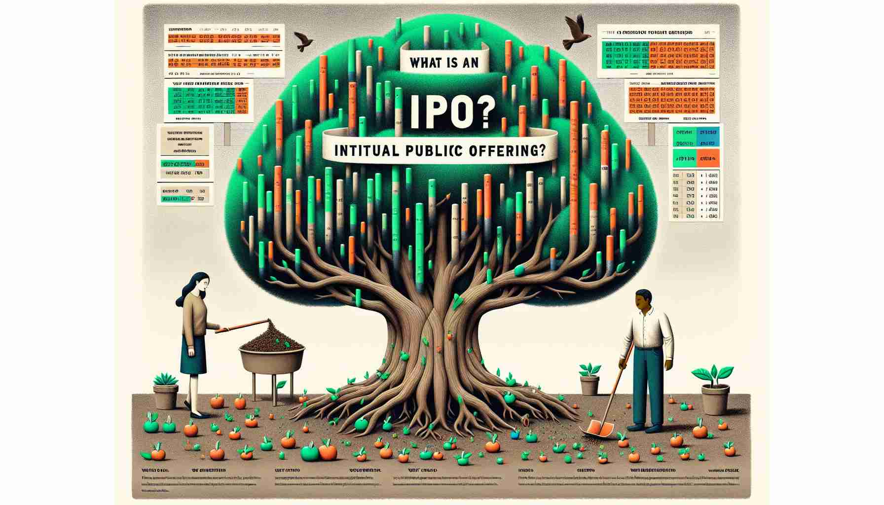 An exploratory image depicting the concept of Initial Public Offering (IPO). The centerpiece is a voluminous tree, its branches laden with variously colored stocks. An anthropomorphic figure, a female entrepreneur of Hispanic descent, stands beside the tree, sowing seeds representing new businesses into fertile ground. Included are two banners atop and bottom, containing the text 'What is an IPO?' and 'Why Should You Care?' respectively, using a clear and legible typeface. The palette used is a balance of fresh greens and earthy browns, signalling growth and the financial world.