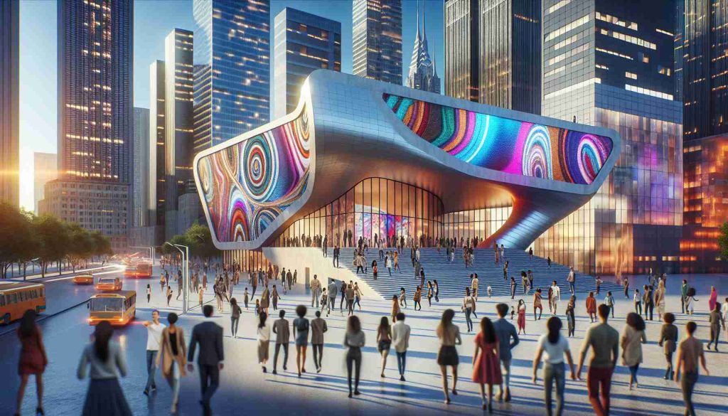 High definition, realistic depiction of a new contemporary art museum, set to open in a bustling, vibrant city. The museum should be an architectural marvel, situated amidst skyscrapers with colorful light projections on their surfaces. People of differing gender and descents such as Caucasian, Hispanic, Black, Middle-Eastern, South Asian, are shown walking in and around, excited for the opening. There's a youthful, dynamic atmosphere imbued with the spirit of cultural connections and burgeoning art influence.