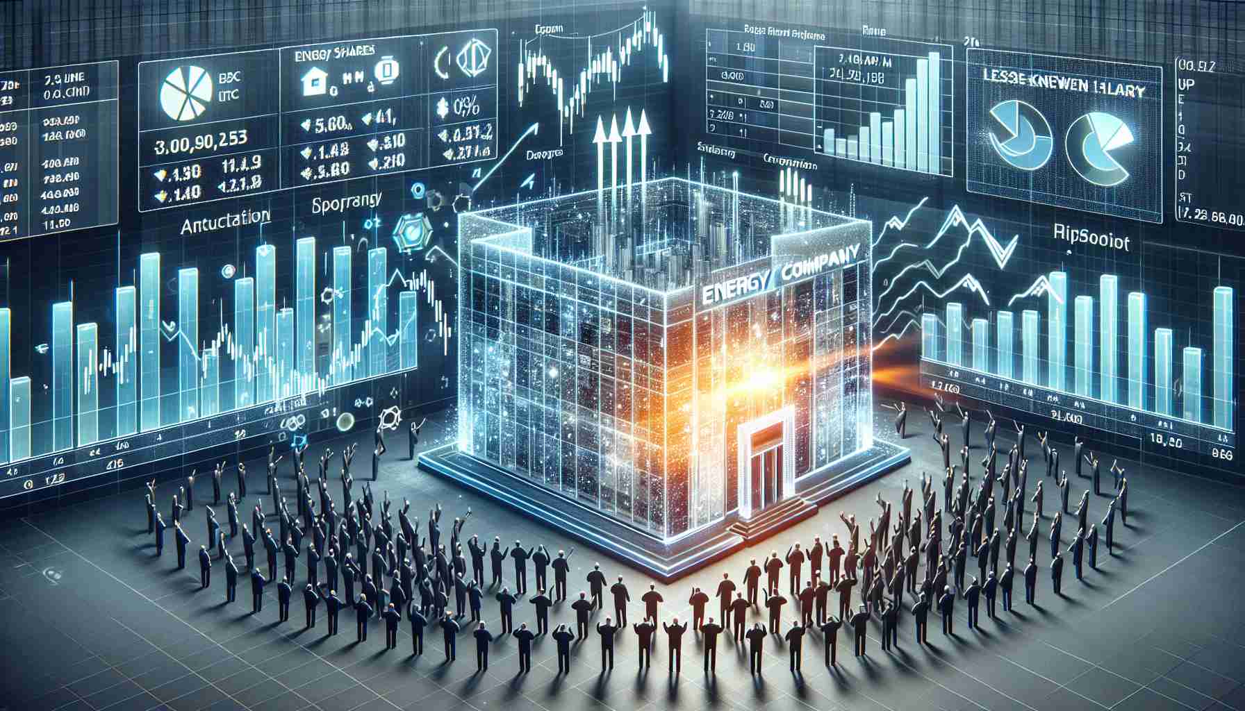 High-definition visual representation of the concept of a less-known energy company's shares astonishing the stock market. This scenario includes detailed elements such as corporate logos, bar charts illustrating stock prices, rapidly changing digits and arrows, and an imagined crowd of investors expressing surprise.