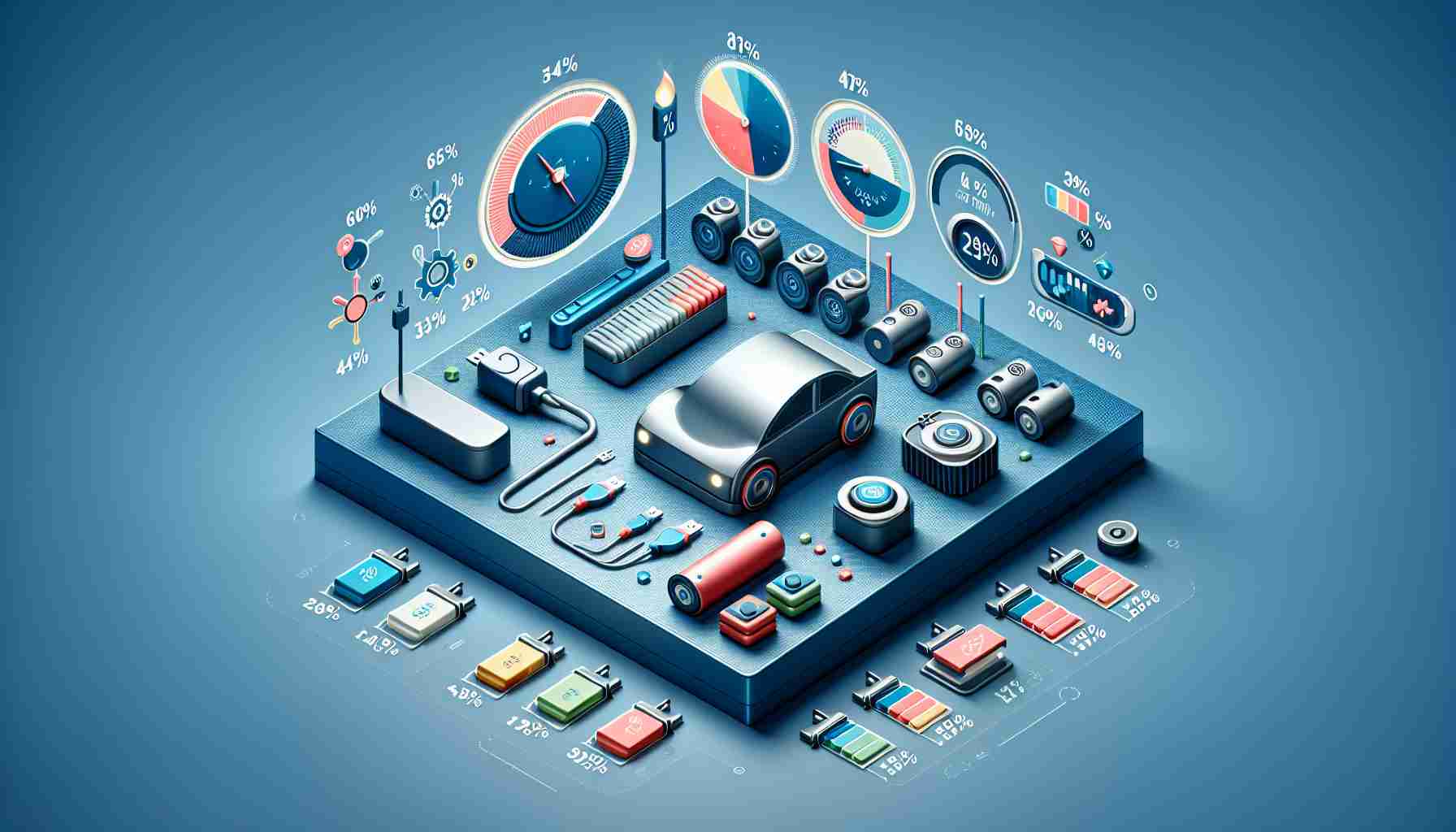 Generate a realistic, high-definition image that represents an infographics about the durability and longevity of Electric Vehicle (EV) batteries. It could include visual components like a battery symbol, a timer, and various percentages laid out to depict different scenarios of battery usage over time.