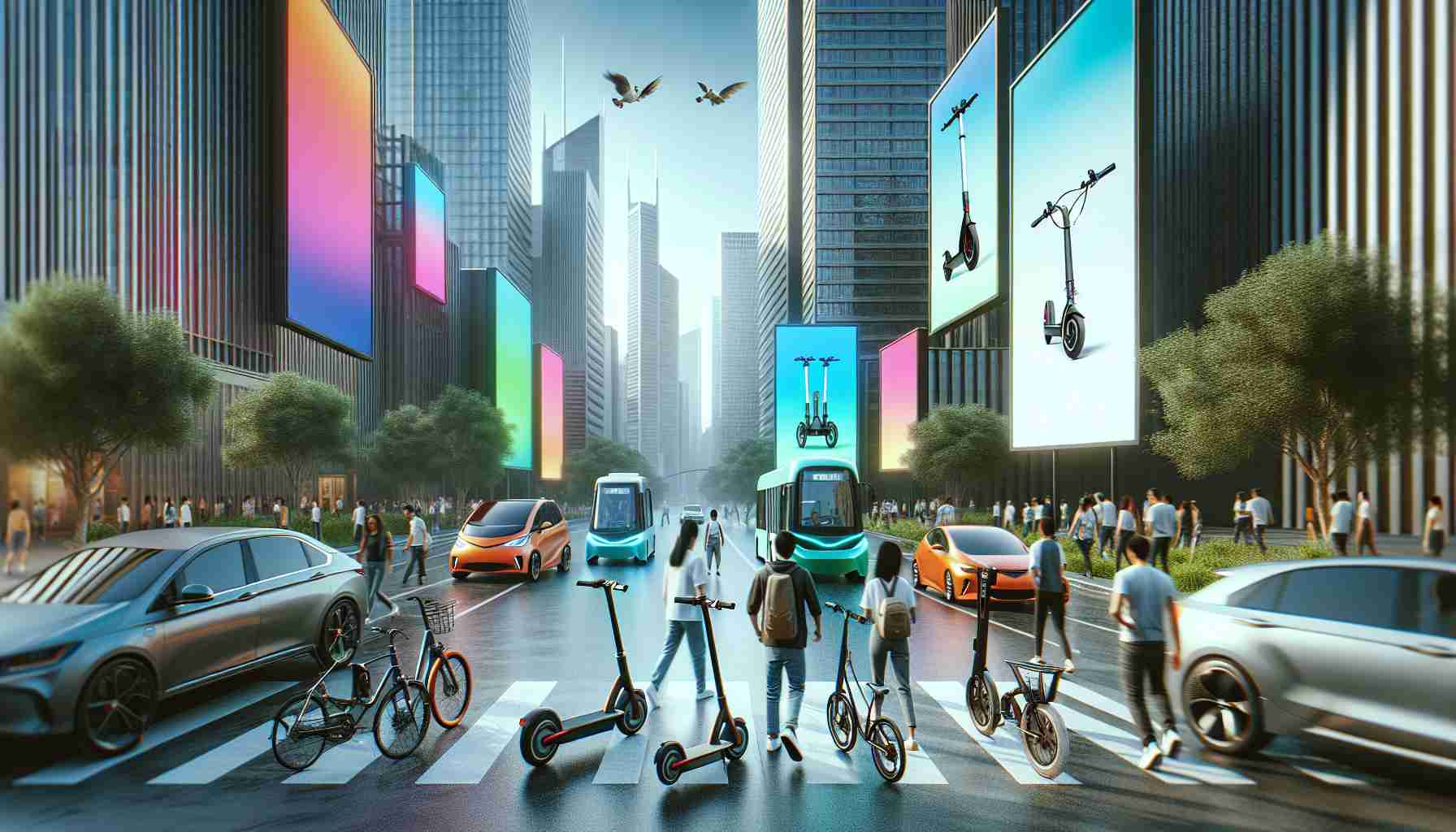 Generate a high-definition, realistic rendering of the latest electric mobility solutions for urban commuters. The assortment may include sleek electric bicycles, innovative electric scooters, and compact electric cars, predominately parked on an energetic city street, with skyscrapers forming a backdrop. Also, have pedestrians of diverse descents and genders appreciating and interacting with these electric vehicles. Vibrant billboards promoting these eco-friendly transport options may be scattered over, adding to the urban aesthetic.