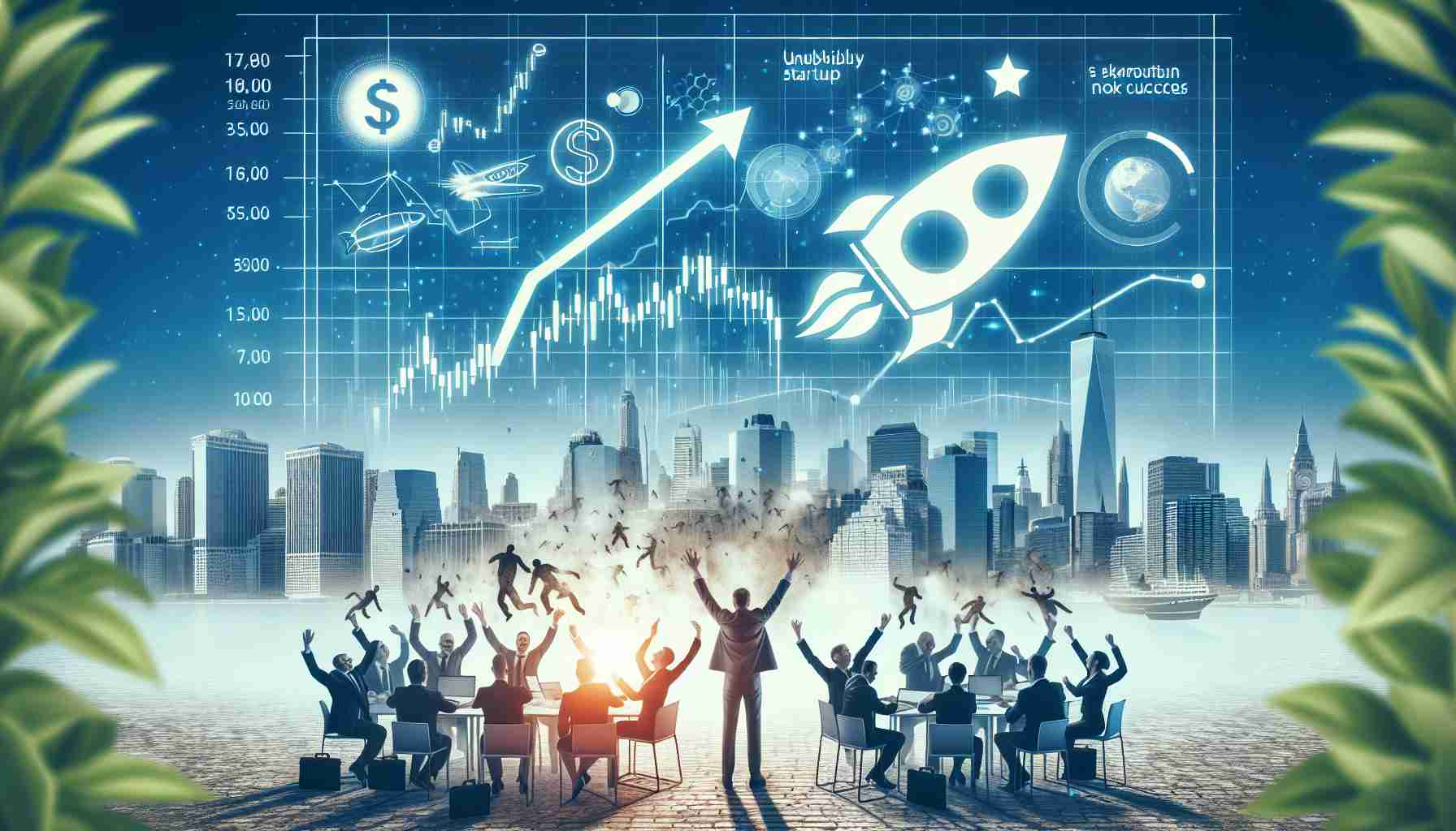 Generate a realistic high-definition image representing the concept of an unlikely startup going public and becoming a standout success. This may include elements such as a small company logo developing into a larger one, a chart showing a skyrocketing stock price, employees in celebration, and a city skyline symbolizing their new market presence.