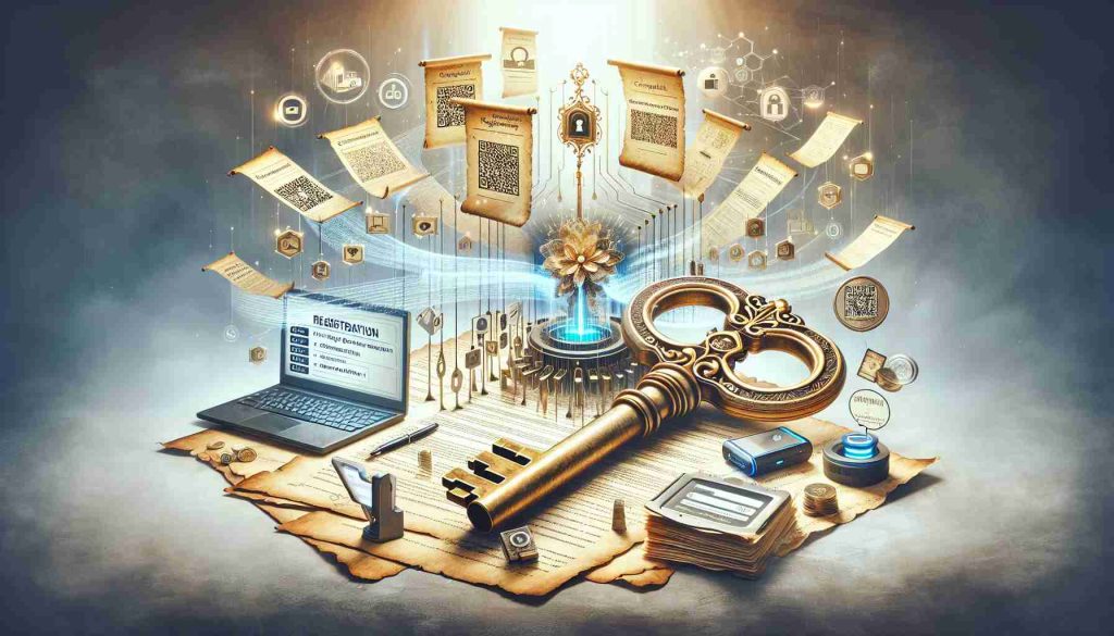 An intricately detailed, high-definition illustration representing the concept of 'Unlocking the Secret to Seamless Registration'. Imagine a visually engaging scene with a large, antique golden key resting on a pile of parchment papers, each showcasing different steps of an innovative registration process. Elements of technology such as a laptop screen flashing a successful registration confirmation, a scanner scanning quick response codes, and a mobile phone displaying an application form are part of the scene to portray a seamless, high-tech registration system. The background is filled with soft, incandescent light to evoke a sense of discovery.