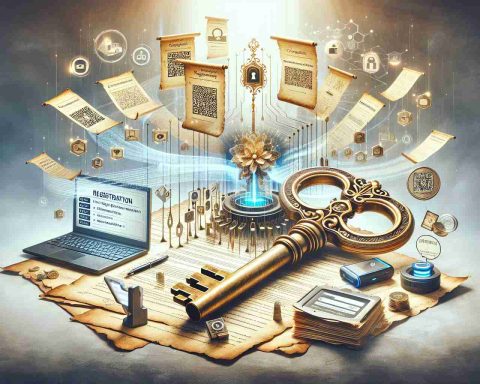 An intricately detailed, high-definition illustration representing the concept of 'Unlocking the Secret to Seamless Registration'. Imagine a visually engaging scene with a large, antique golden key resting on a pile of parchment papers, each showcasing different steps of an innovative registration process. Elements of technology such as a laptop screen flashing a successful registration confirmation, a scanner scanning quick response codes, and a mobile phone displaying an application form are part of the scene to portray a seamless, high-tech registration system. The background is filled with soft, incandescent light to evoke a sense of discovery.