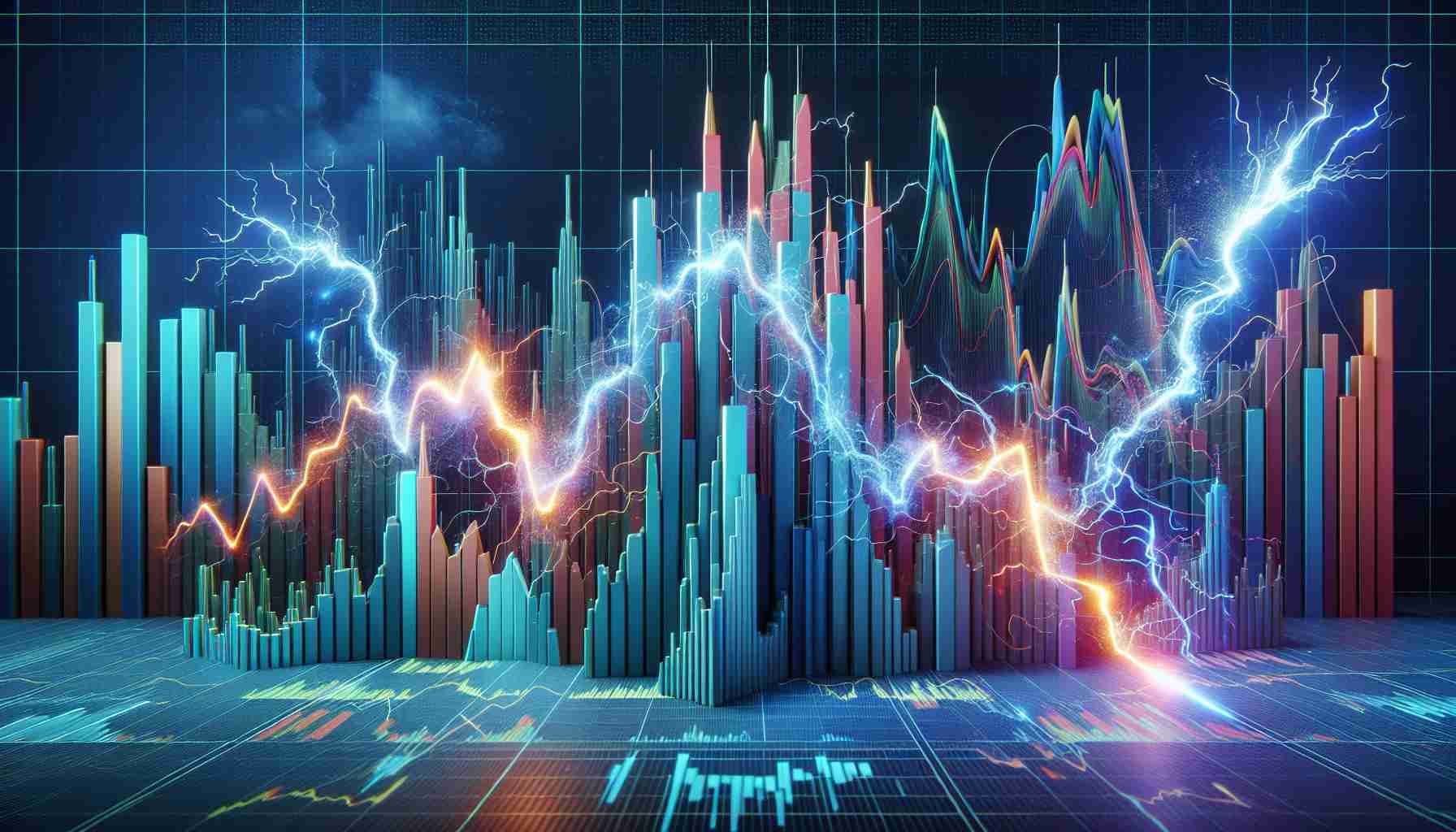 A high-definition, realistic illustration of the concept of electric shocks impacting the stock market. The scene portrays an abstract stock market represented by fluctuating line graphs and bar charts in vibrant colors. There are dramatic, stylized spikes of electricity disrupting these charts, symbolizing economic volatility. There's also an unanticipated twist in the form of a pattern or trend in the data that resolves the shocks, suggesting a surprising turn of events or revelation.