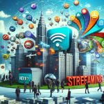 High-definition image showcasing a conceptual design of a new streaming service emerging from a fictional media empire in trouble. No specific individual or personality is to be depicted. Include elements like streaming service logo, icons of various genres, and a backdrop of a giant media corporation building.